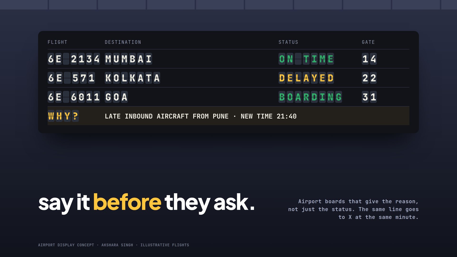 Airport and crisis protocol, Departure board that gives the reason